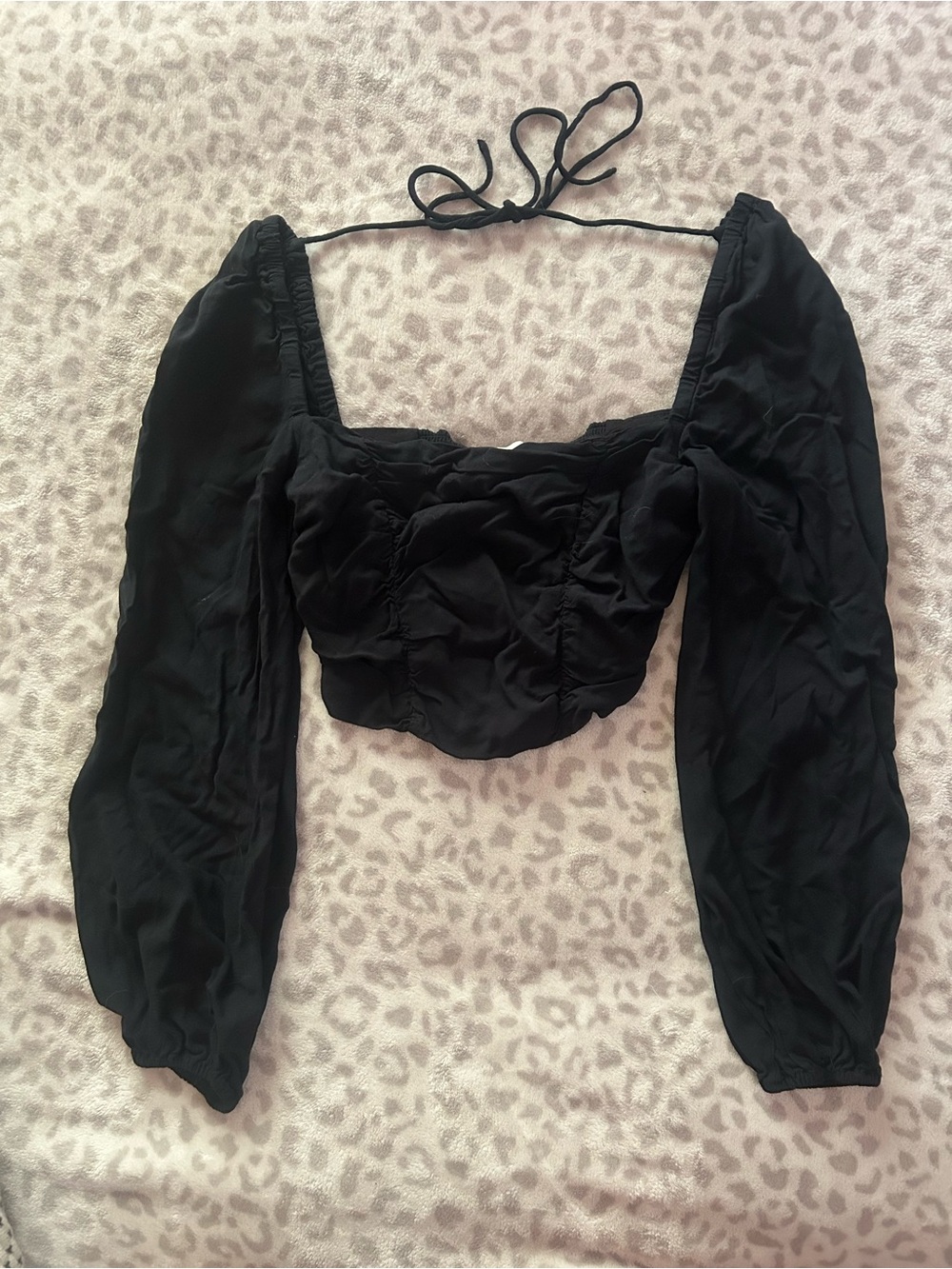 Urban Outfitters Black Ruched Square-Neck Long Sleeve Crop Top